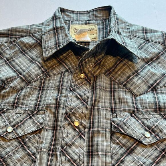 Wrangler Men's Plaid Pearl Snap Button Down Shirt Gray w/ red stripe Size Large - Picture 6 of 10